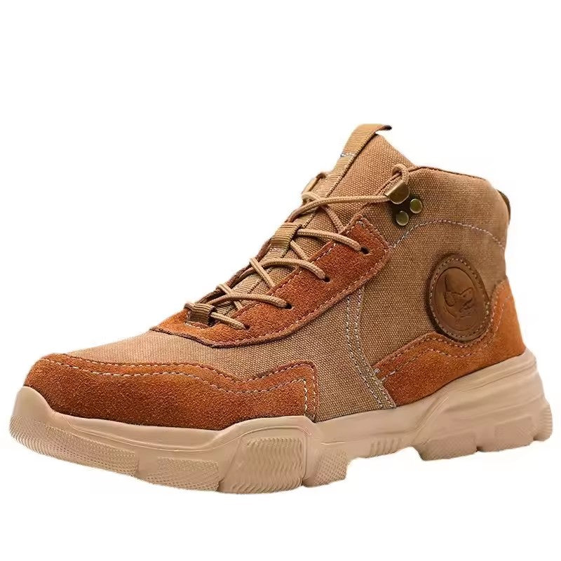 Breathable lightweight cowhide canvas with steel toe cap, impact and anti puncture EVA soft sole safety shoes